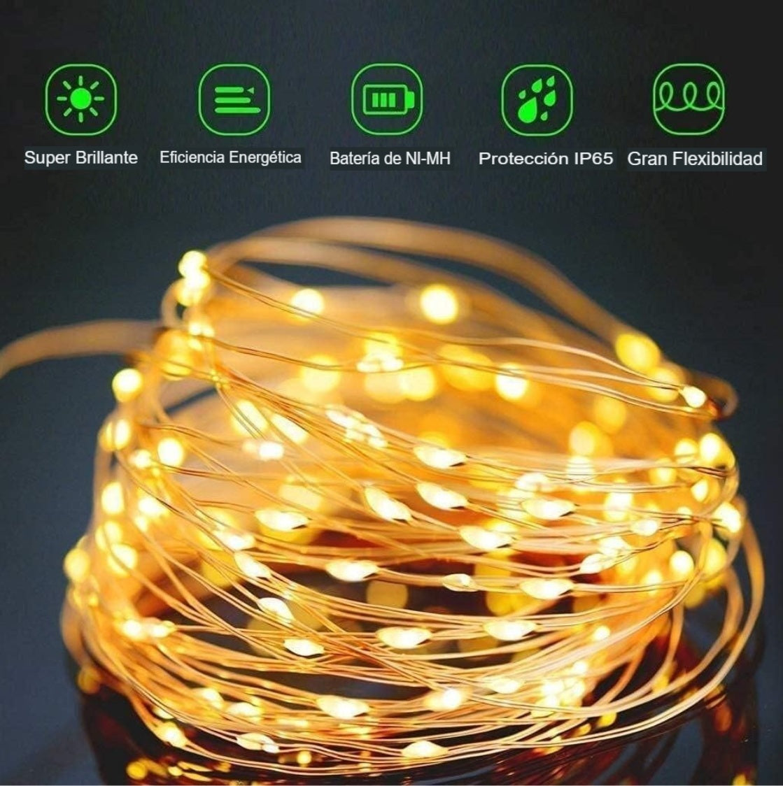 Cadena Luces dorada Solares De Jardin 100Led 10 M