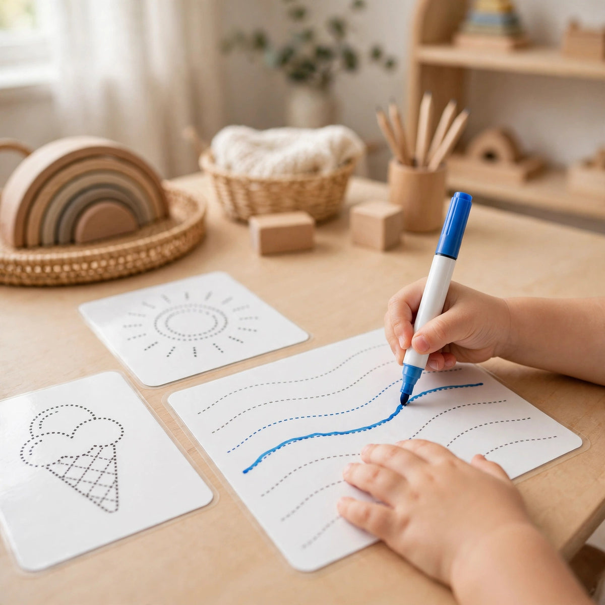 Niña 4 años trazando lineas punteadas cuaderno Montessori motricidad fina - sin pantallas