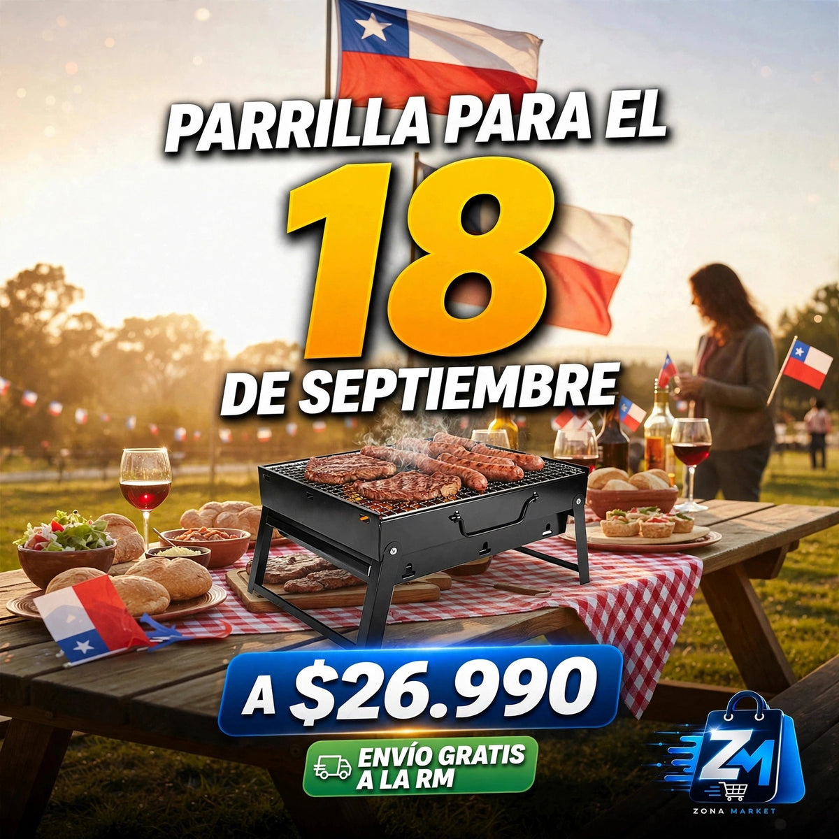 Parrilla Portatil para Asado - Plegable 35x24 cm, Ideal para 18 de Septiembre